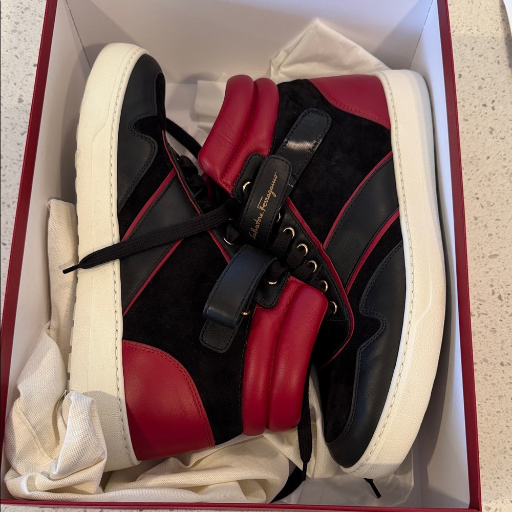 Salvatore Ferragamo Men's Red and Black High-Top Sneakers